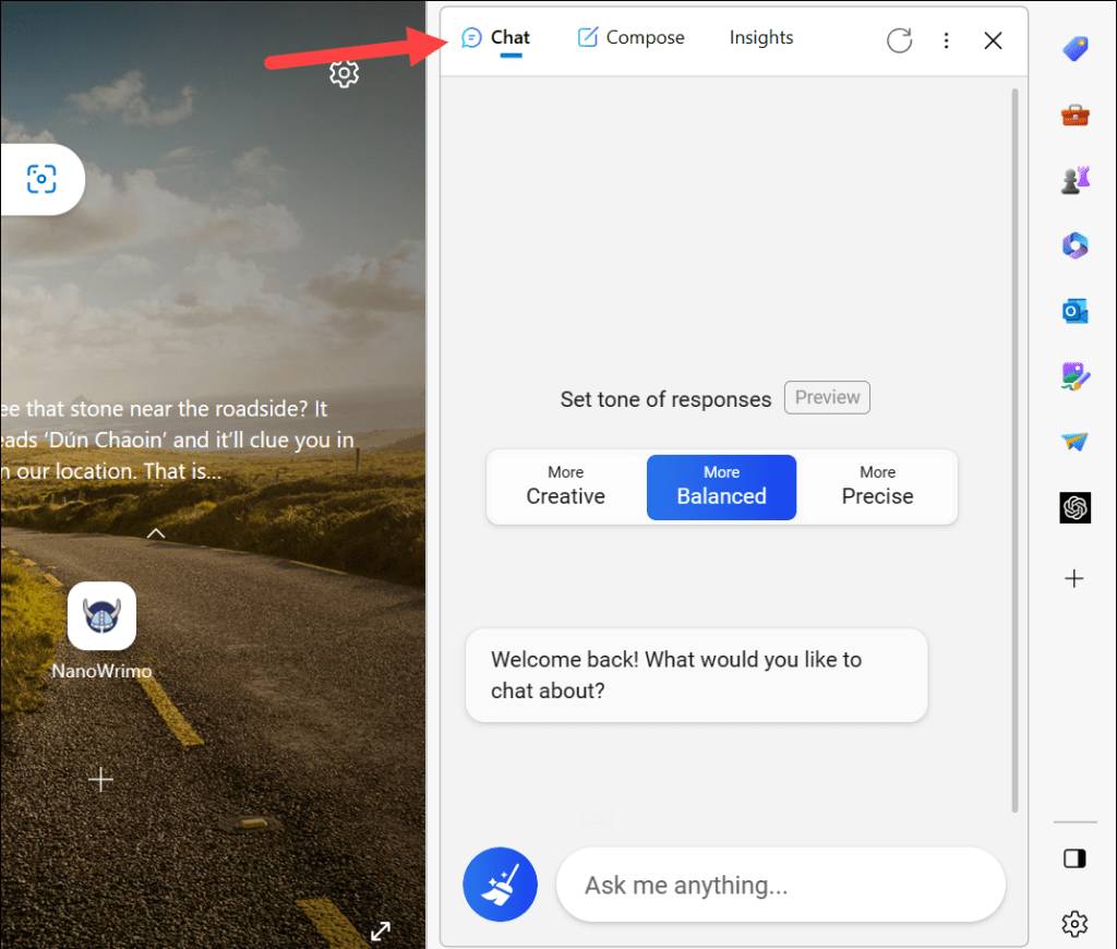 Chat with Bing in Edge sidebar